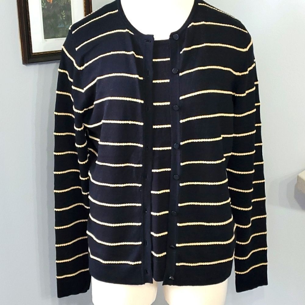 AUGUST SIlk sweater set, tank and button up. Size large. Black‎ with gold strip.